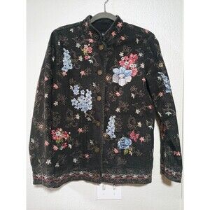 Denim & Co. Womens Black Jean Jacket Small Embroidered Button Front Flowers
